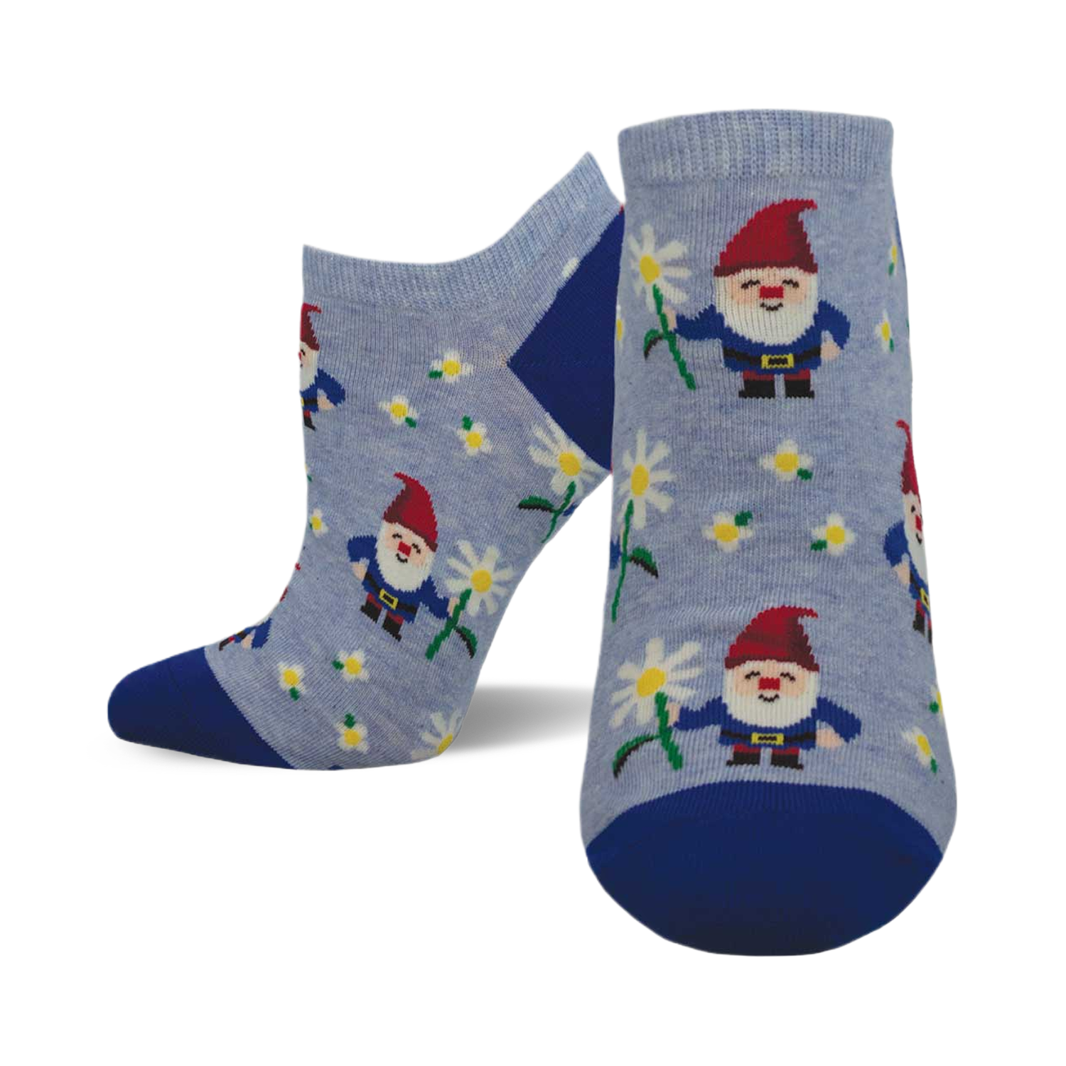 A pair of women's ankle socks in light blue and royal blue. The socks are adorned with a pattern of smiling gnomes holding daisies.