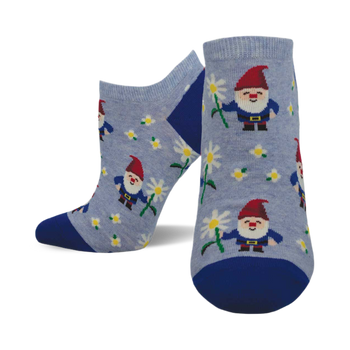 pair of "growing gnomes" socks; light blue with gnomes and daisies.  front and side view shown.