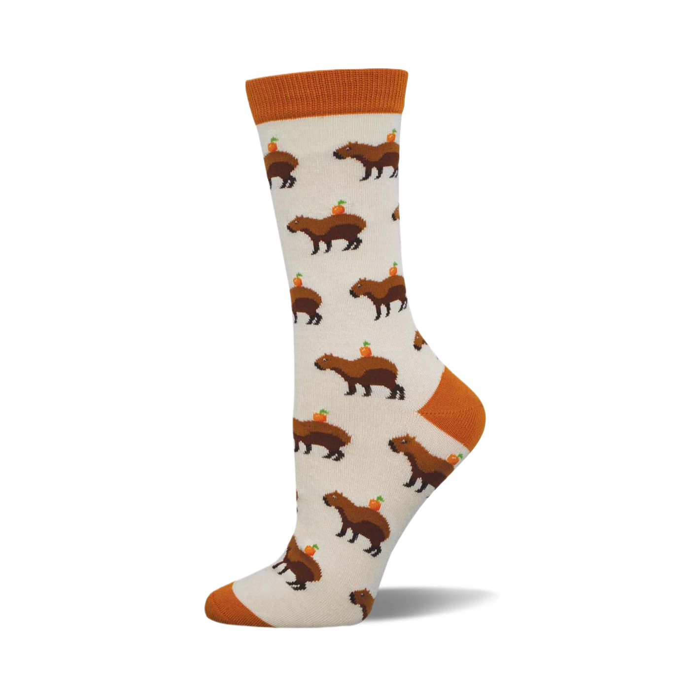 Cream crew socks with brown capybaras and small orange circles on them.  Orange cuffs.