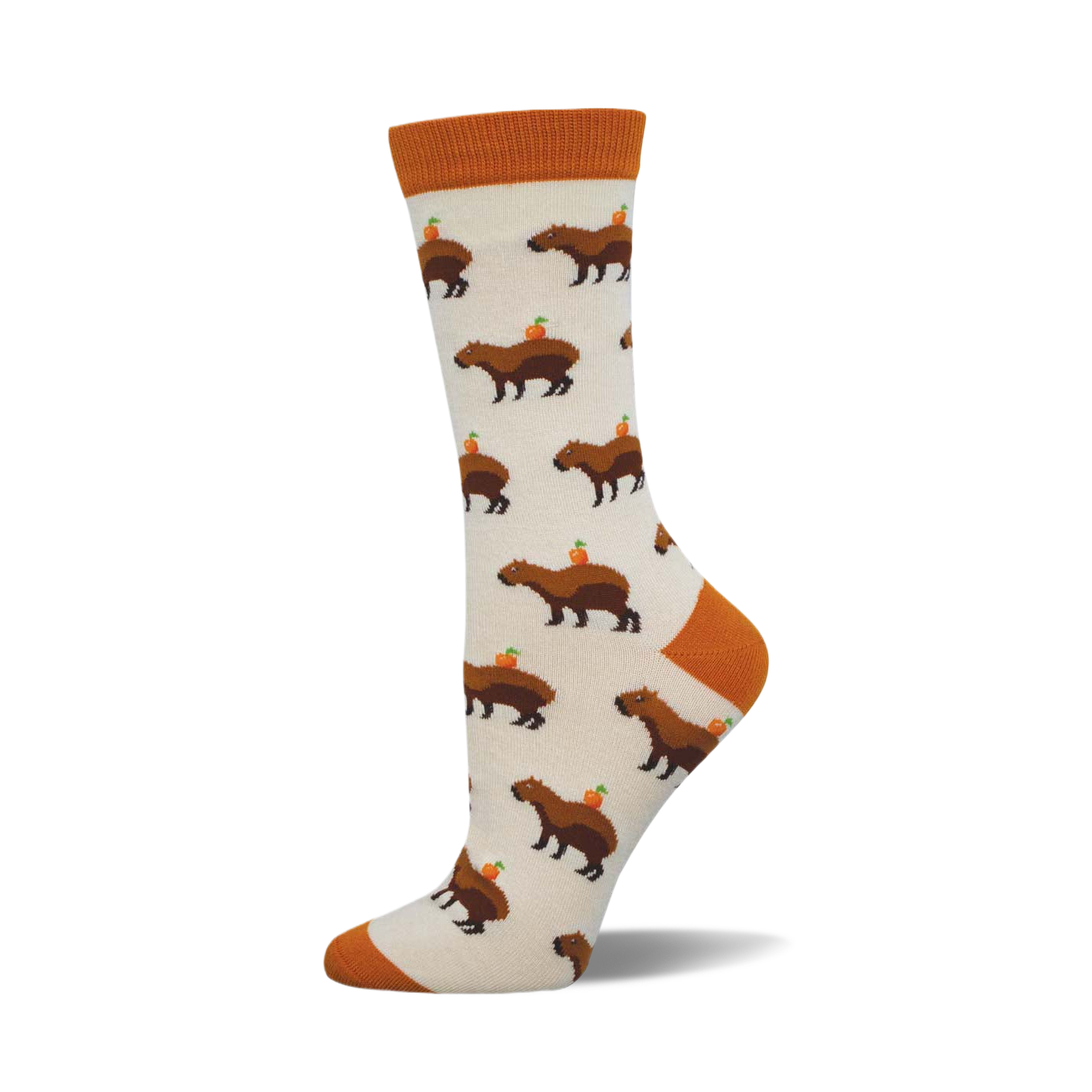 Cream crew socks with brown capybaras and small orange circles on them.  Orange cuffs.
