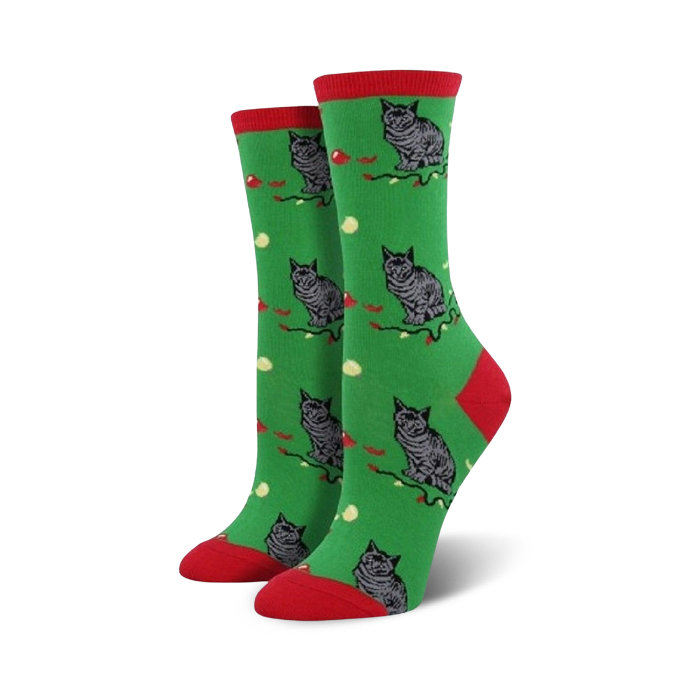 Crew socks in green with a red cuff, featuring a repeating pattern of grey cats and red berries on a green background.