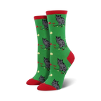 Crew socks in green with a red cuff, featuring a repeating pattern of grey cats and red berries on a green background.