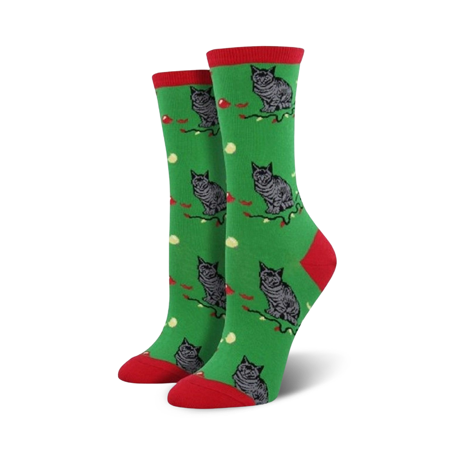 Crew socks in green with a red cuff, featuring a repeating pattern of grey cats and red berries on a green background.