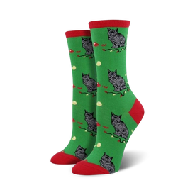 green crew socks with gray cats on red christmas bulbs, party hats, ornaments, red heels, toes, women's, christmas themed   