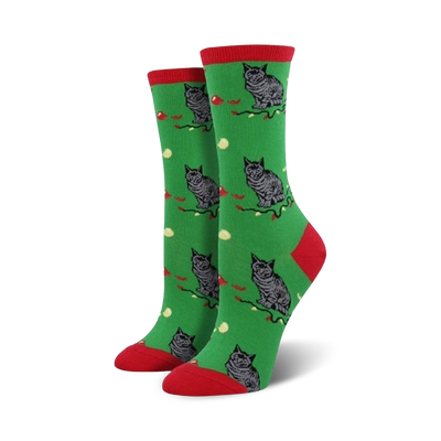 green crew socks with gray cats on red christmas bulbs, party hats, ornaments, red heels, toes, women's, christmas themed   