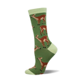 Side view of a green crew sock featuring a repeating pattern of brown deer.  Light green cuff.