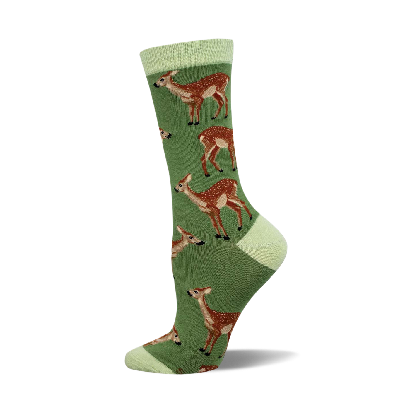 Side view of a green crew sock featuring a repeating pattern of brown deer.  Light green cuff.
