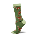 Side view of a green crew sock featuring a repeating pattern of brown deer.  Light green cuff.