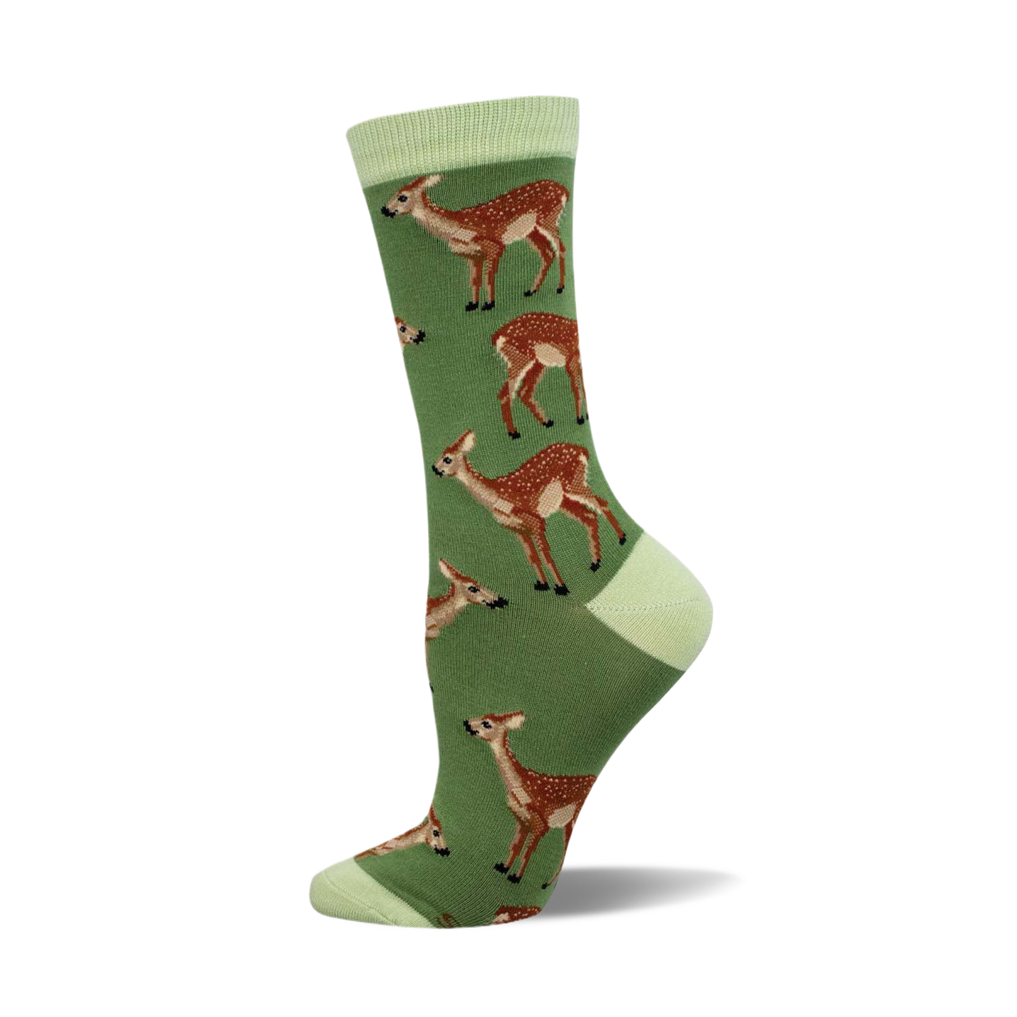 Side view of a green crew sock featuring a repeating pattern of brown deer.  Light green cuff.