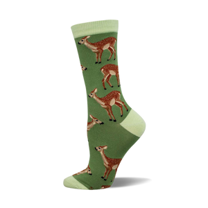Side view of a green crew sock featuring a repeating pattern of brown deer.  Light green cuff.