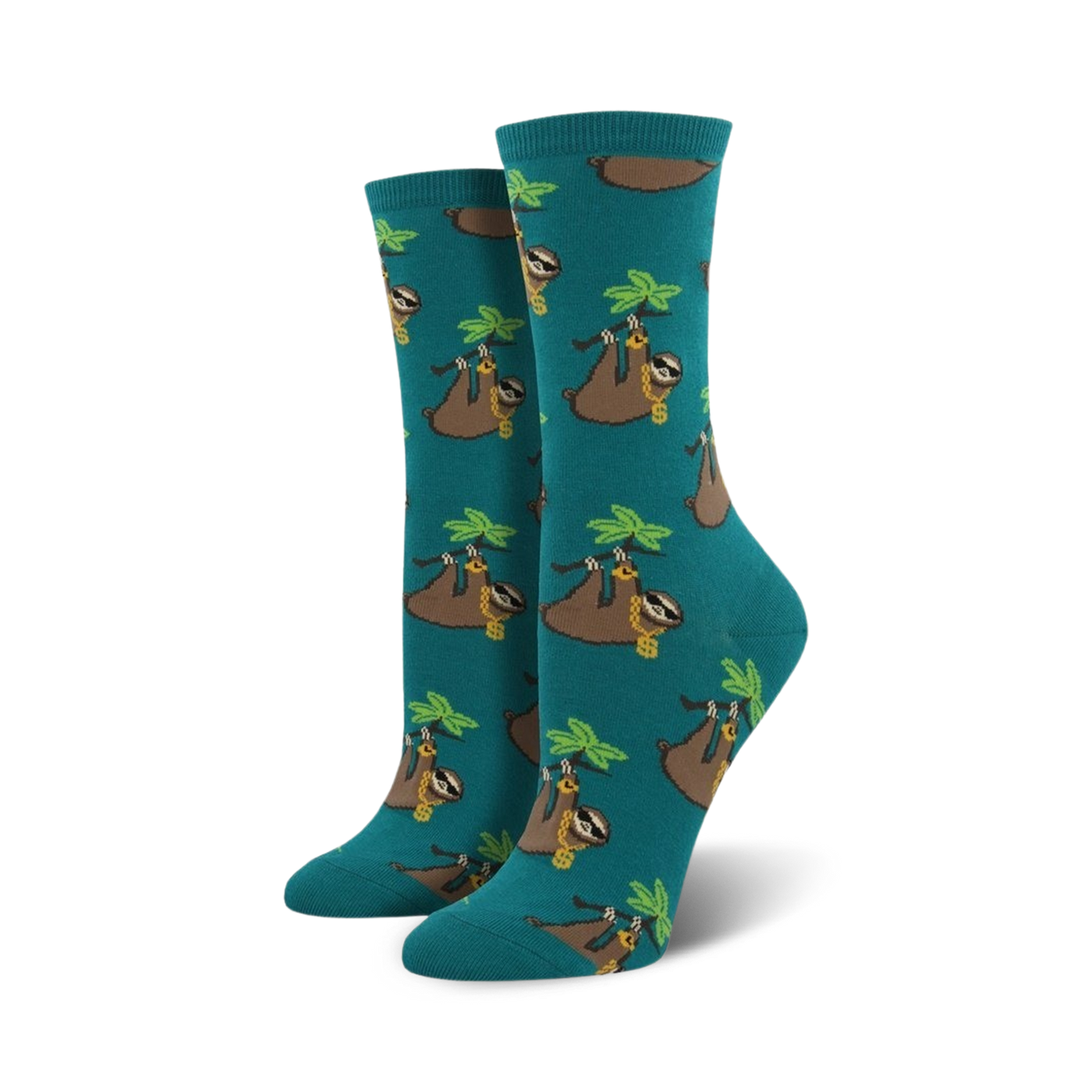 Pair of teal crew socks with a pattern of sloths wearing gold chains and hanging from palm fronds. 