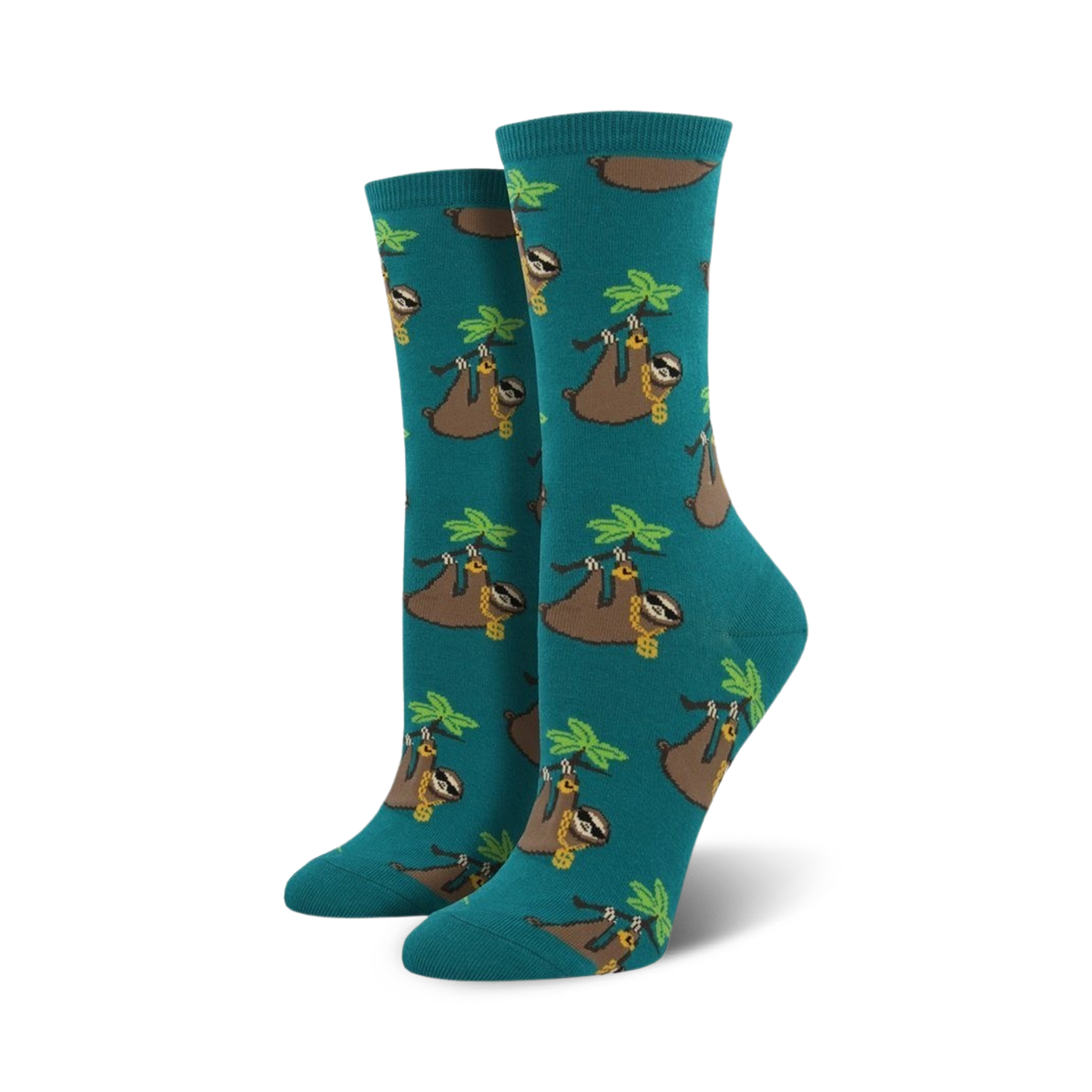 Pair of teal crew socks with a pattern of sloths wearing gold chains and hanging from palm fronds. 