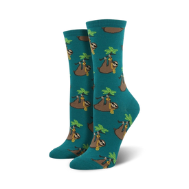 teal crew socks feature pattern of chill sloths wearing gold chains and sunglasses hanging in palm trees.  