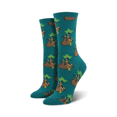 teal crew socks feature pattern of chill sloths wearing gold chains and sunglasses hanging in palm trees.  