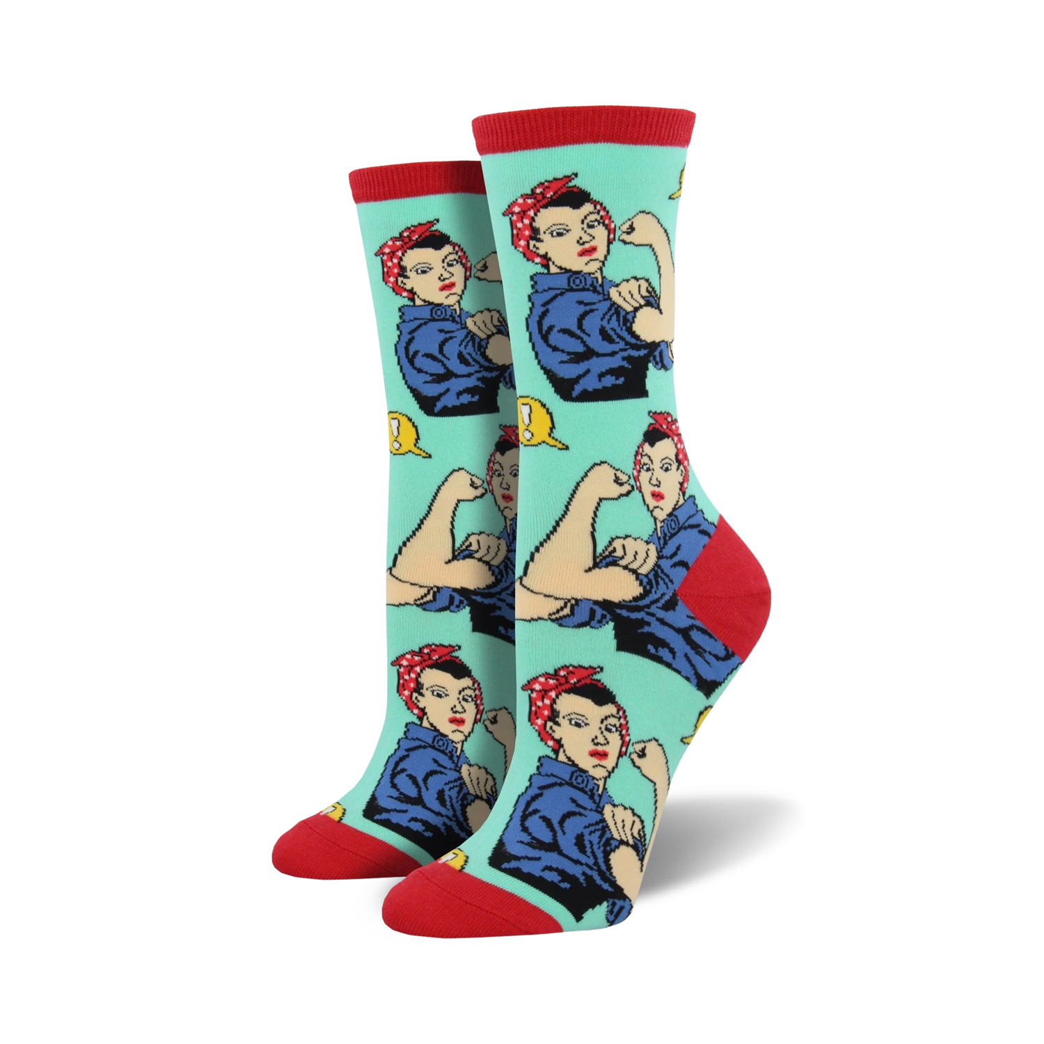 Flat lay showing all three colorways of the Rosie the Riveter socks.