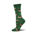 A crew sock in green with a pattern of brown jackalopes running. Small white flowers and green plants are scattered between the jackalopes.