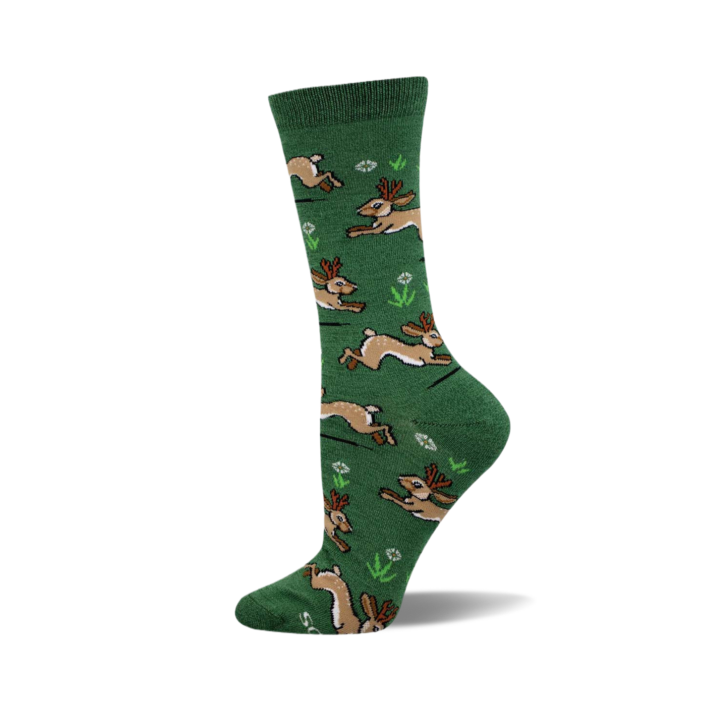 A crew sock in green with a pattern of brown jackalopes running. Small white flowers and green plants are scattered between the jackalopes.