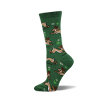 A crew sock in green with a pattern of brown jackalopes running. Small white flowers and green plants are scattered between the jackalopes.