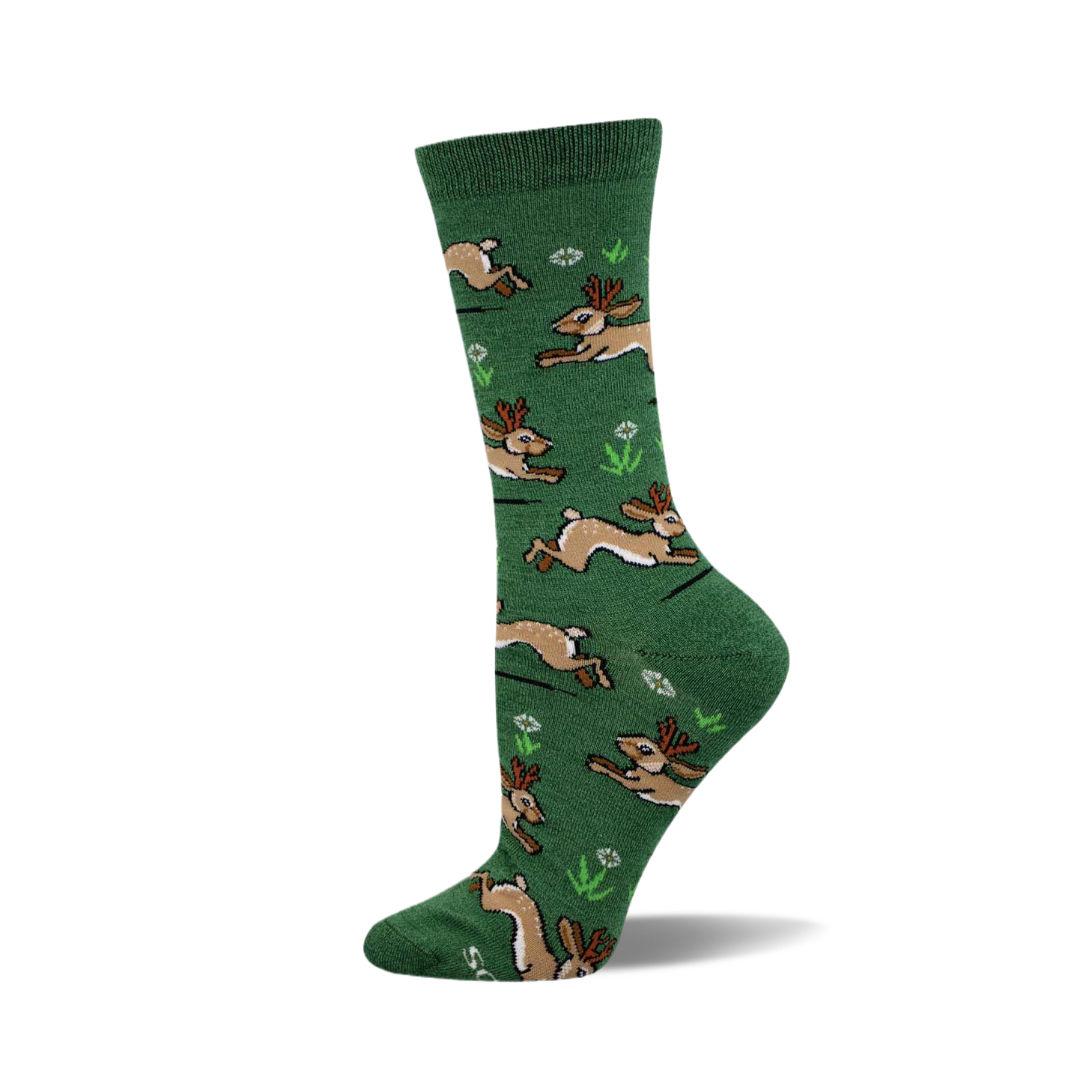 A crew sock in green with a pattern of brown jackalopes running. Small white flowers and green plants are scattered between the jackalopes.