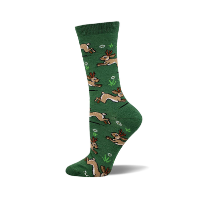Dark green crew socks with a repeating pattern of light brown jackalopes, small white flowers, and green leaves.