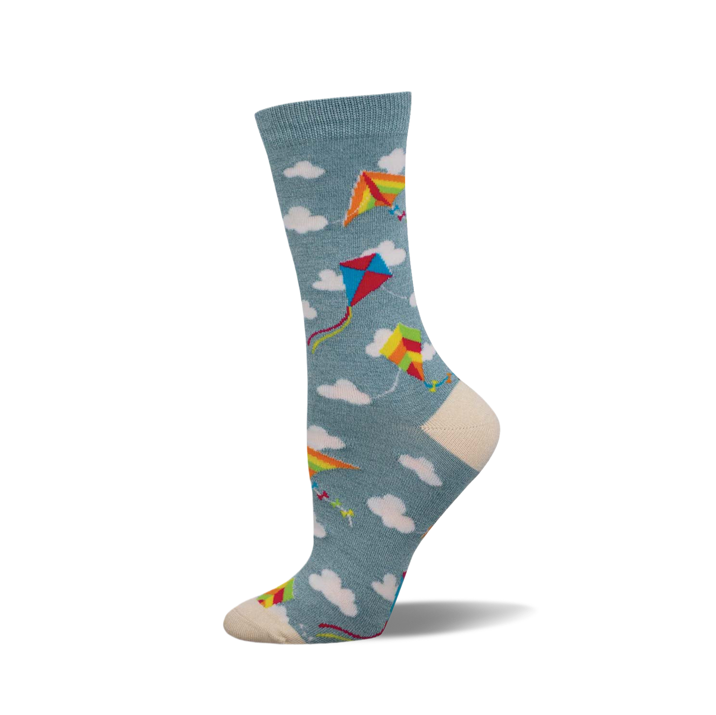 A side view of a crew sock in teal with colorful kites and white clouds. The toe and heel are off-white.