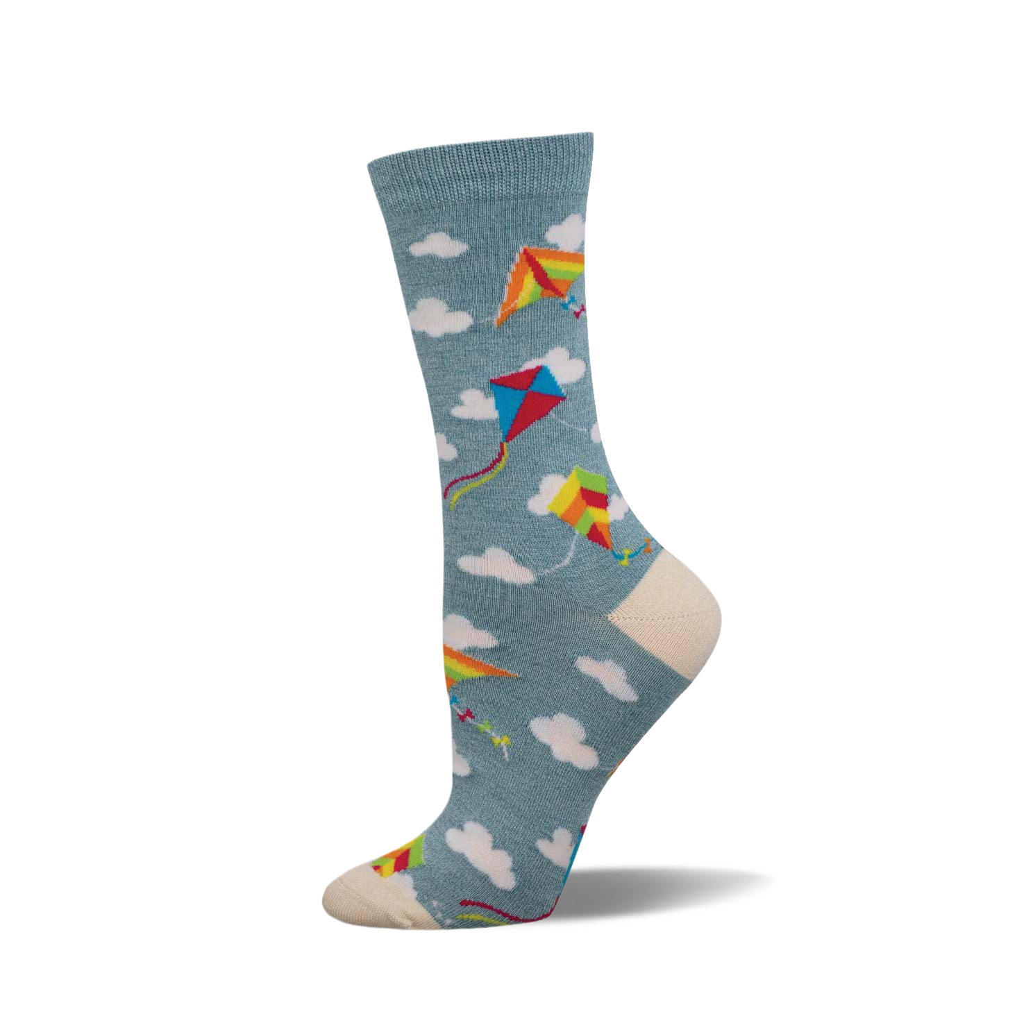 A side view of a crew sock in teal with colorful kites and white clouds. The toe and heel are off-white.