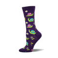 Purple crew socks with a fun pattern of colorful snails and wildflowers. 