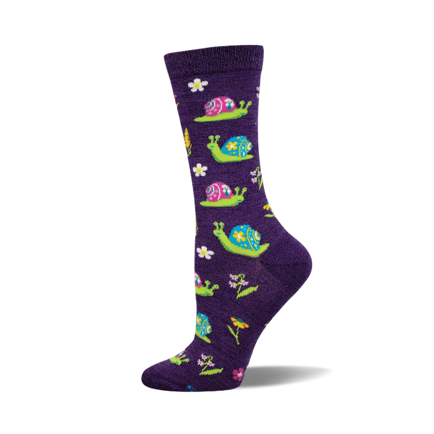 Purple crew socks with a fun pattern of colorful snails and wildflowers. 