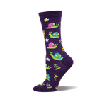 Purple crew socks with a fun pattern of colorful snails and wildflowers. 