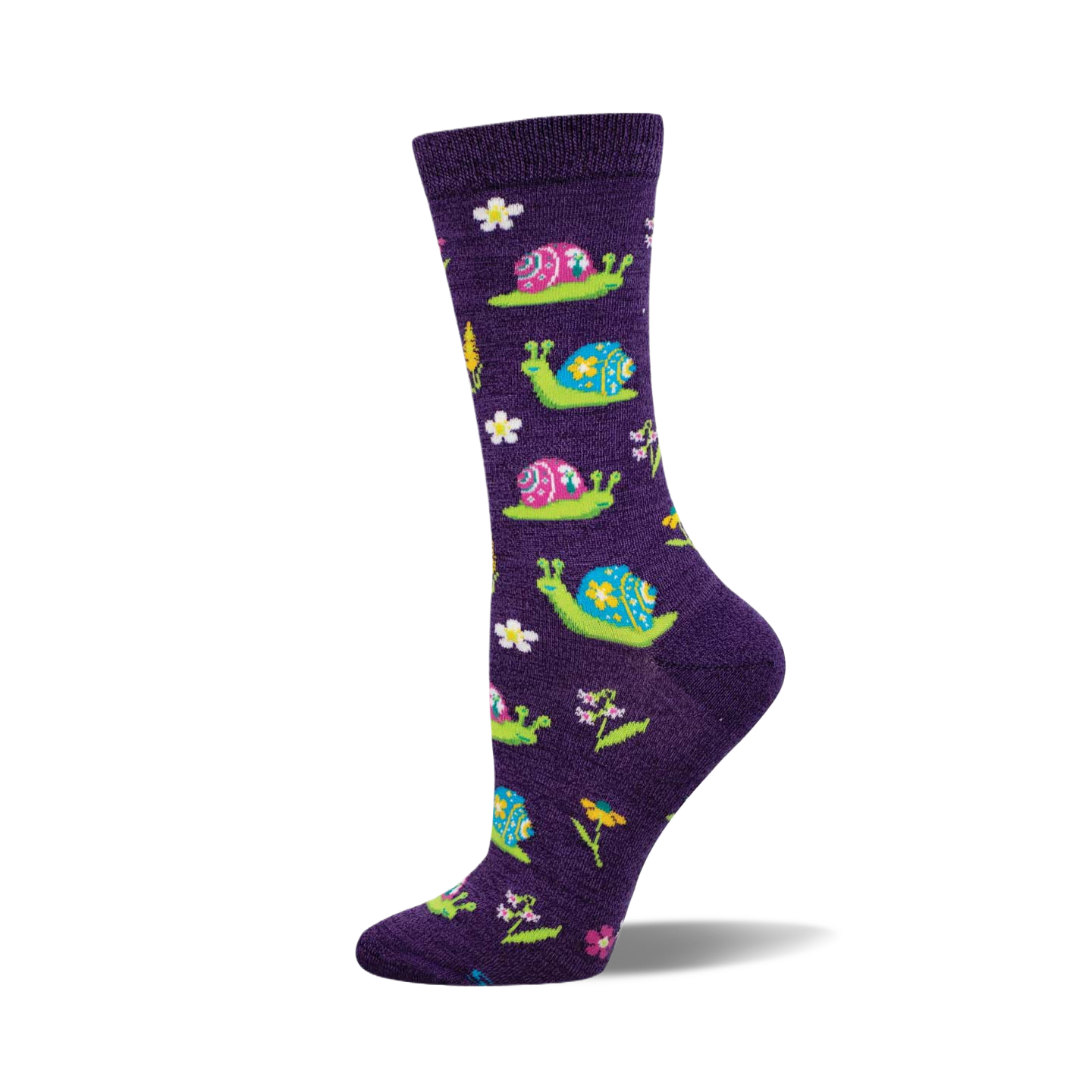Purple crew socks with a fun pattern of colorful snails and wildflowers. 