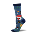 Crew socks in blue featuring mushrooms, butterflies, daffodils, and a mushroom house.  A whimsical nature-inspired design.