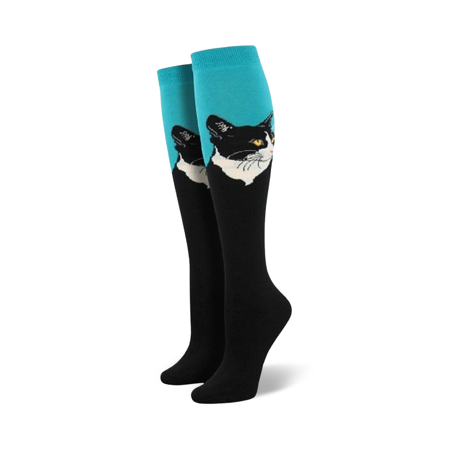 Pair of women's knee-high socks.  Black and white cat portrait on teal and red sections.  Black lower portion of socks.