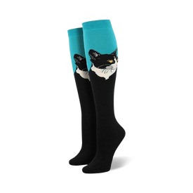 black knee-high women's socks with blue cuff and cat portrait on the front.   