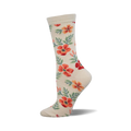 Cream crew socks with a repeating pattern of coral and red flowers and green leaves.