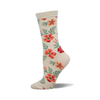 Cream crew socks with a repeating pattern of coral and red flowers and green leaves.