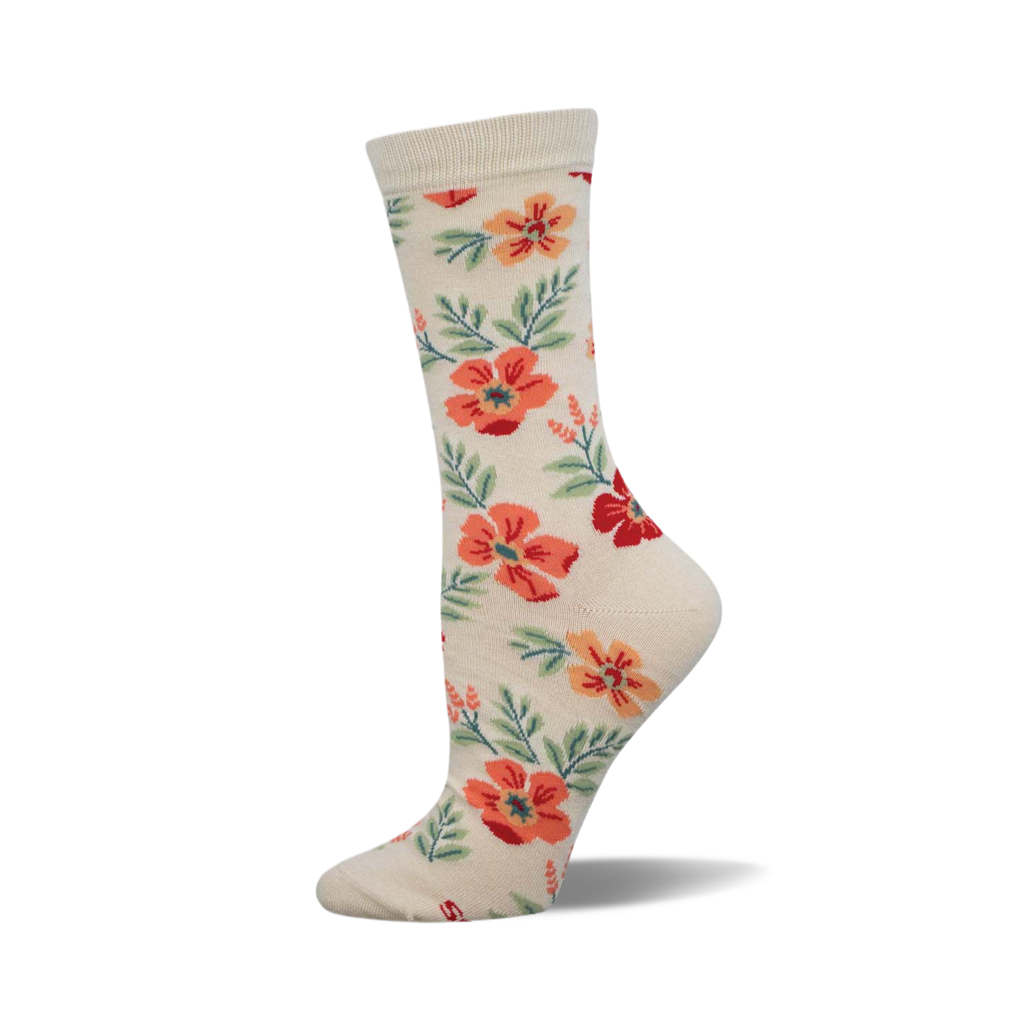 Cream crew socks with a repeating pattern of coral and red flowers and green leaves.