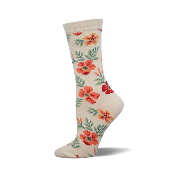 Cream crew sock with a repeating pattern of reddish-orange wild flowers, green leaves, and small red buds.