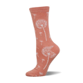 Coral crew socks with a whimsical white dandelion print.  Perfect for adding a touch of springtime cheer to any outfit!