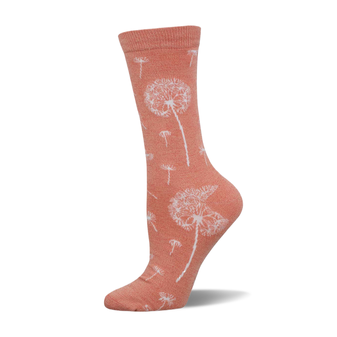 Coral crew socks with a whimsical white dandelion print.  Perfect for adding a touch of springtime cheer to any outfit!