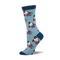A side view of a crew sock in light blue with a teal cuff, adorned with a repeating pattern of chickadees perched on flowers.