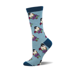 A side view of a crew sock in light blue with a teal cuff, adorned with a repeating pattern of chickadees perched on flowers.