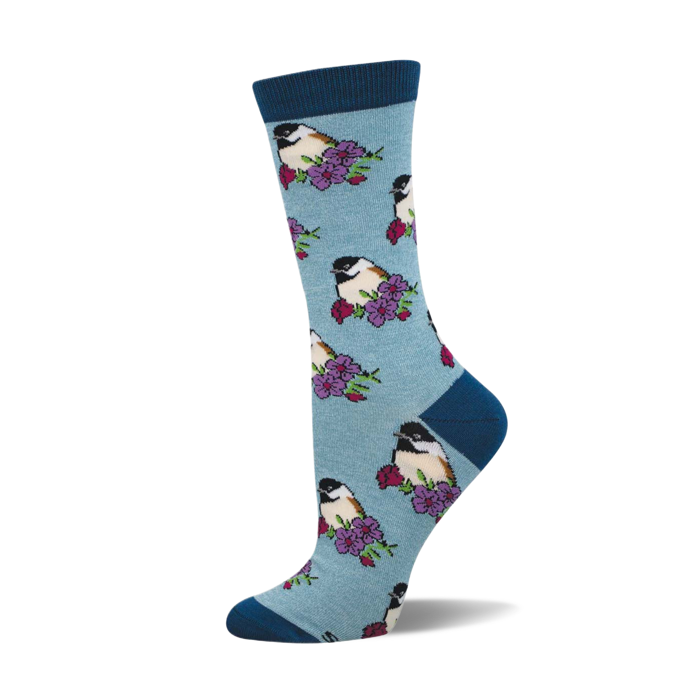 A side view of a crew sock in light blue with a teal cuff, adorned with a repeating pattern of chickadees perched on flowers.