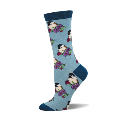 Light blue crew socks with a repeating pattern of chickadees perched among purple and red flowers. Dark blue cuff, heel, and toe.
