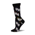 Black crew socks with a repeating pattern of white comedy and tragedy masks and colorful ribbons.