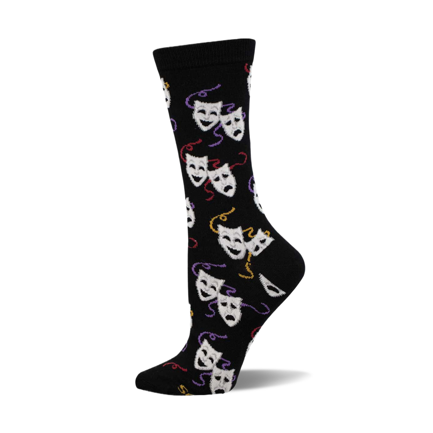 Black crew socks with a repeating pattern of white comedy and tragedy masks and colorful ribbons.