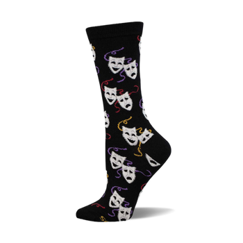 Black crew socks with a repeating pattern of white comedy and tragedy masks and colorful ribbons.