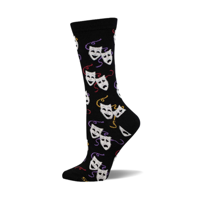 Black crew socks with a repeating pattern of white comedy and tragedy masks and colorful ribbons.