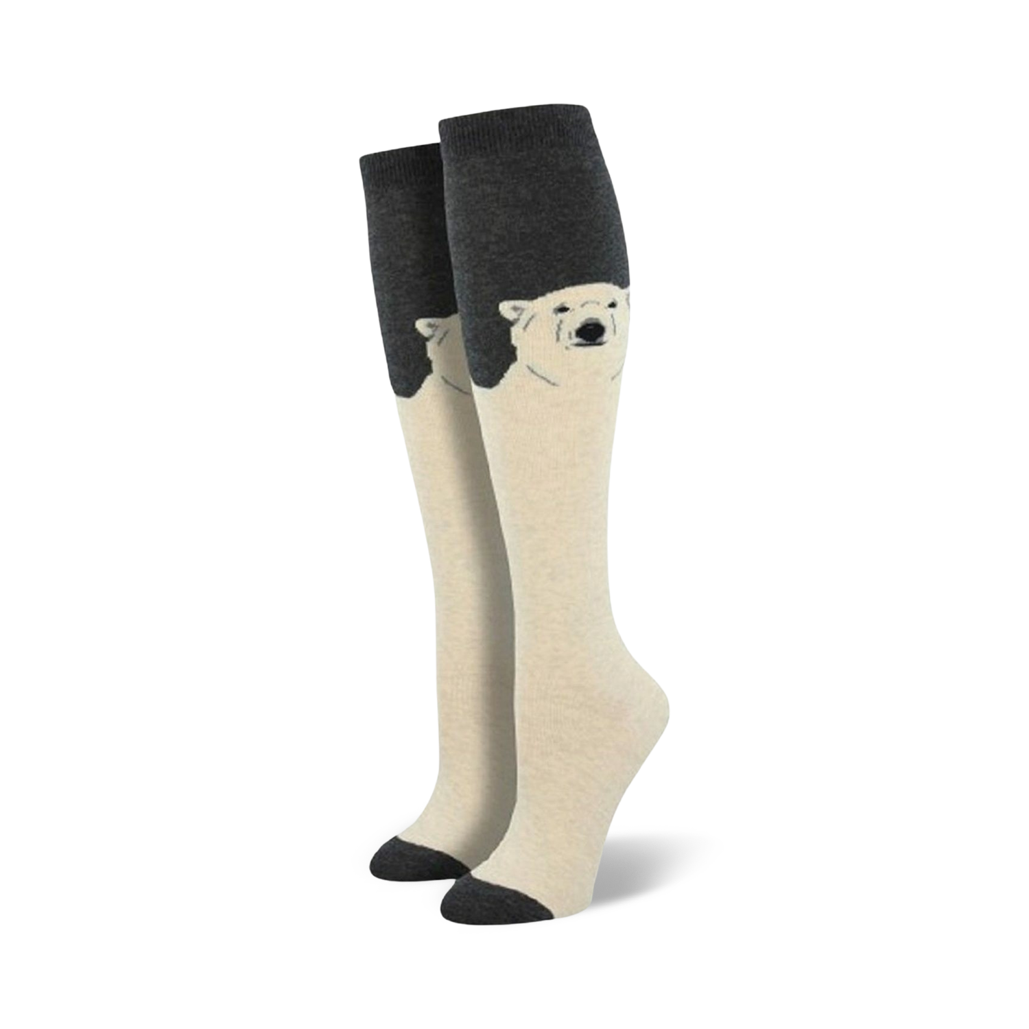 Pair of cream and charcoal knee-high socks with a polar bear face design. 
