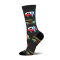 A side view of a crew sock with a dark grey background and colorful illustrations of vintage station wagons and surfboards.