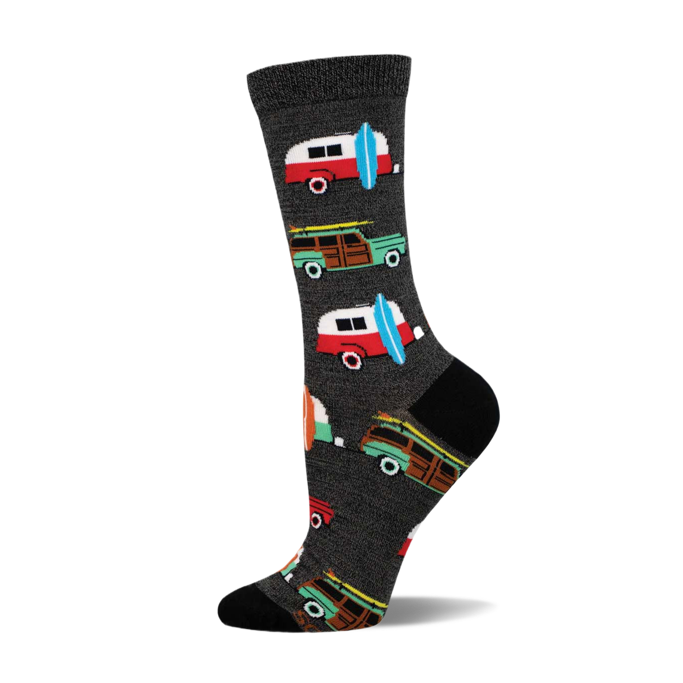 A side view of a crew sock with a dark grey background and colorful illustrations of vintage station wagons and surfboards.